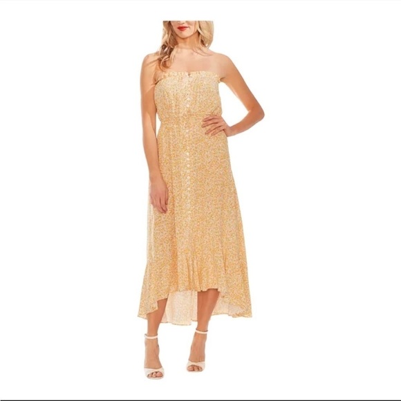 VINCE Camuto Yellow Gold Floral Strapless Midi Dress w/Cinched Waist & Tie - Picture 1 of 11